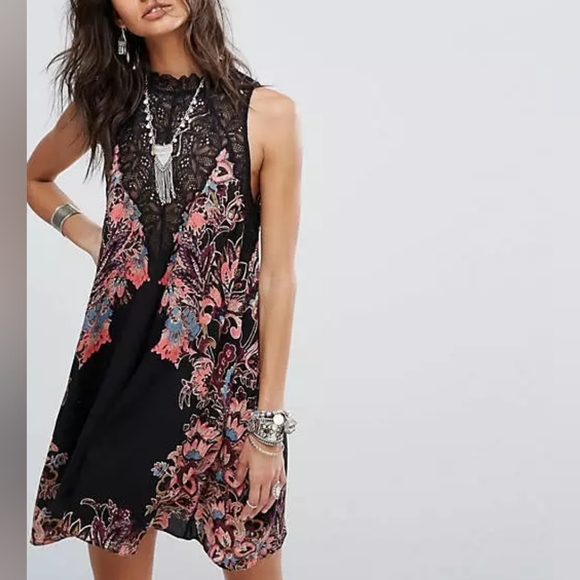 Dresses & Skirts - Free People Marsha Black Floral Lace Insert Mini Slip Dress Size XS Boho